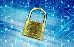 Lock with digital icons projected on top