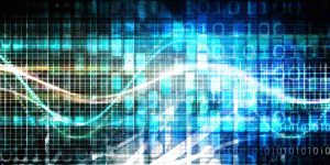 A wave of data in front of binary code